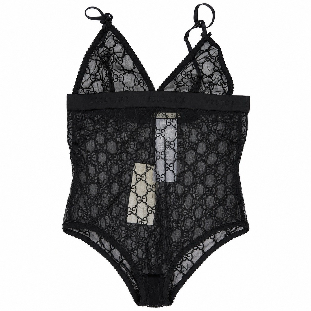 Gucci Black GG Embroidered Sheer Tulle Lingerie Bodysuit Monogram Logo Italy S